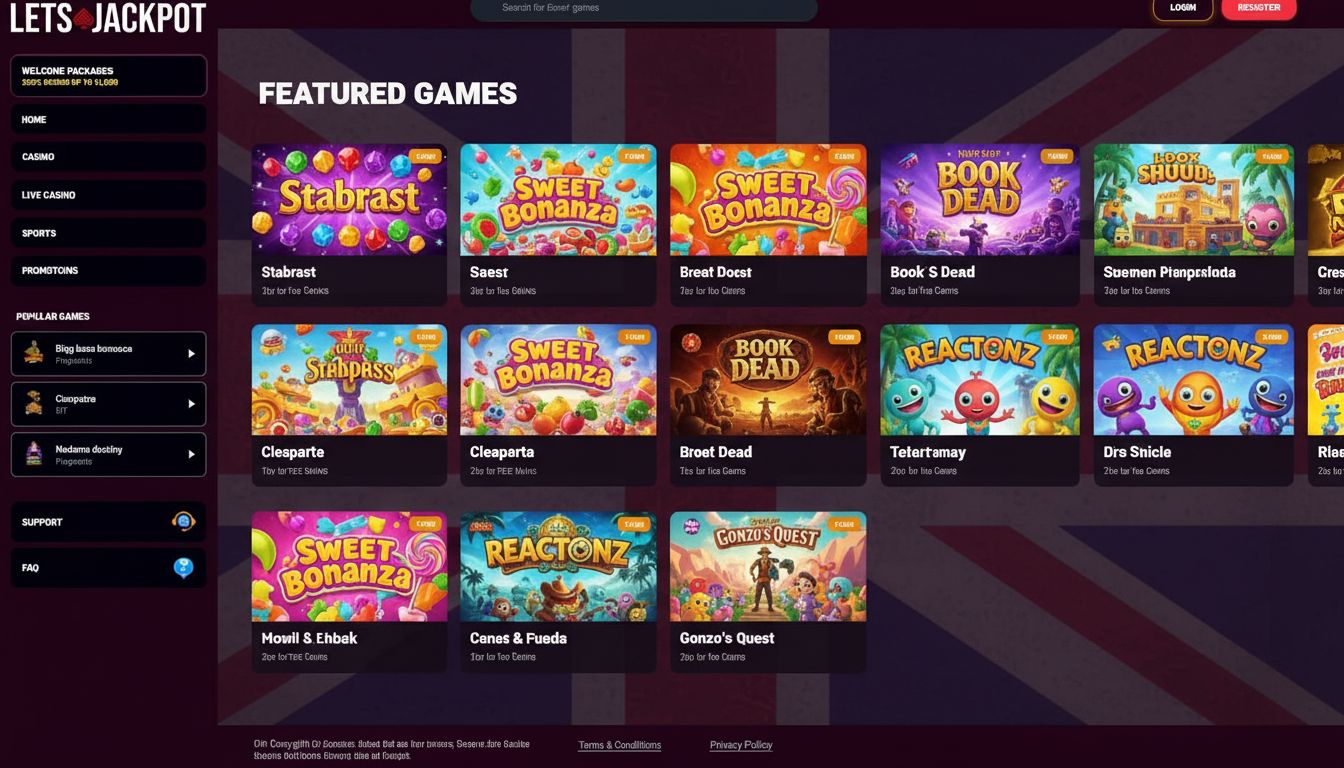 A UK-centric online casino lobby highlighting popular slots and clear navigation